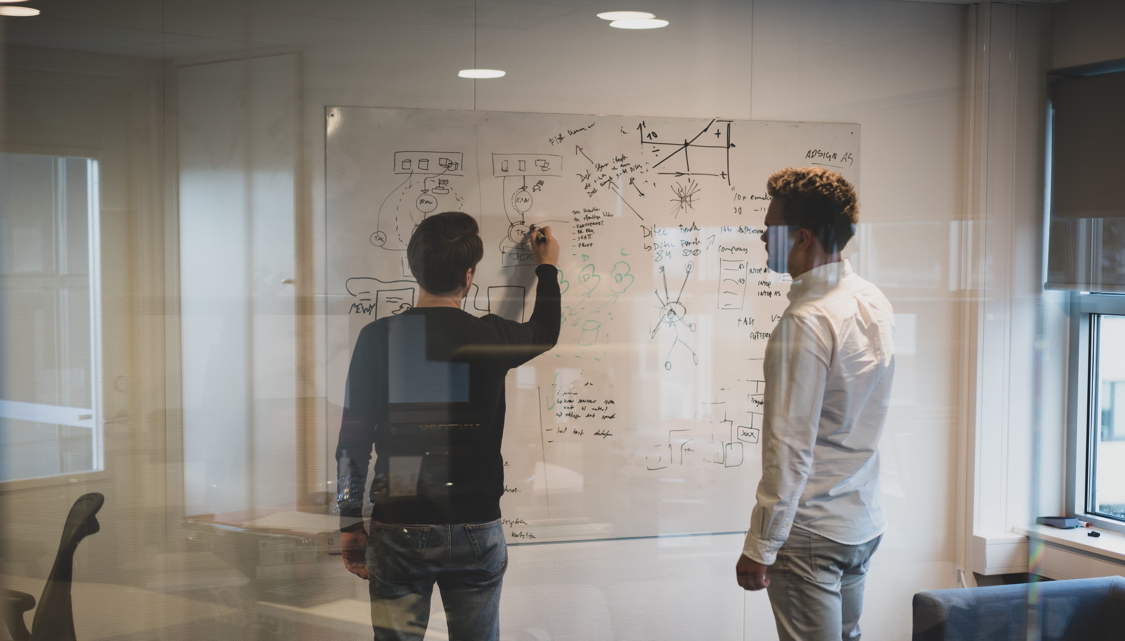 Two people in front of a whiteboard